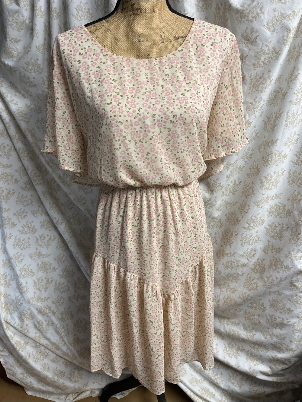 Light Pink Floral Midi Dress with Flutter Sleeves